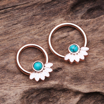 Detail View 1 of Rose Gold Tribal Turquoise Floral Elegance Steel Captive Bead Ring-White/Turquoise
